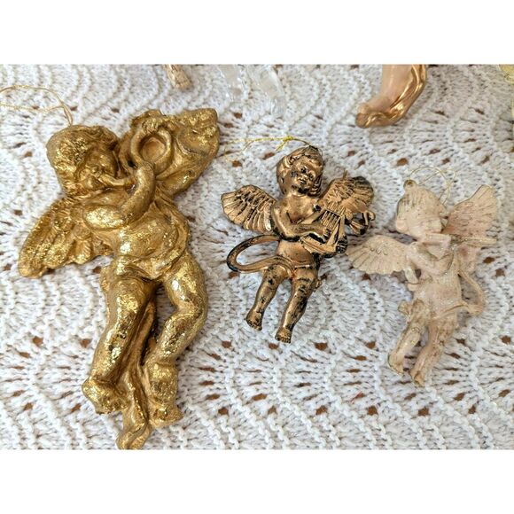 Lot 0f 7 Different Cherub Angel Ornaments - Cream/Gold Colors - Picture 4 of 5